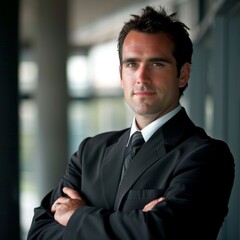 Fototapeta premium Smiling Young Spanish Businessman Exuding Confidence. Perfect Abstract Concept for Success and Professionalism. High-Resolution AI-Generated Wallpape
