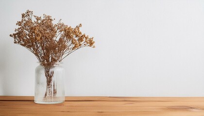 Dry flowers plant floral branch in a vase on the wood table against the background of a white wall. Minimalistic scandinavian background mockup with copy space