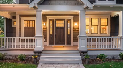 Suburban farmhouse with a craftsman style door and sidelights, detailed porch railing, and a welcoming walkway