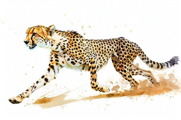 Cheetah in Watercolor Style Running Isolated on White Background