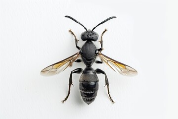 Closeup photograph of a black and yellow wasp with spread wings
