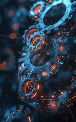 Abstract image of glowing gears and cogs, creating a futuristic and intricate machine-like structure.