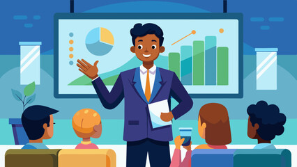 A Black man dressed in business attire, giving a powerful presentation with a projector screen in the background.
