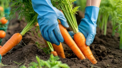 Fototapeta premium A person is holding a carrot in their hand while wearing blue gloves