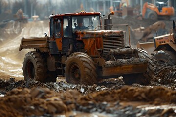 Heavy Machinery Operating in a Muddy Construction Site
