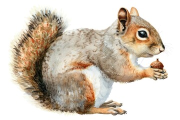 Obraz premium Squirrel Holding Acorn in Watercolor Style on White Background