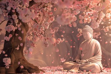 Fototapeta premium A statue of a Buddha with cherry blossom tree