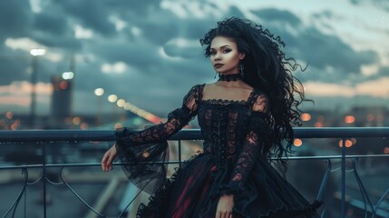 Obraz premium Mysterious Gothic Woman Overlooking City at Twilight