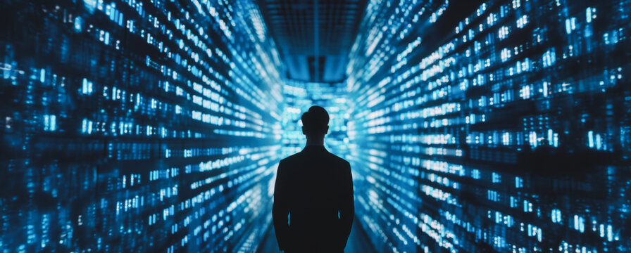 Silhouetted figure standing in a wall of digital code