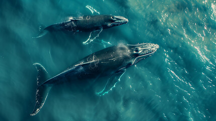 Obraz premium Twins Whale, The North Atlantic right whale is one of the most endangered large whale species. Humpback whale playfully swimming in clear blue ocean. Humpback.