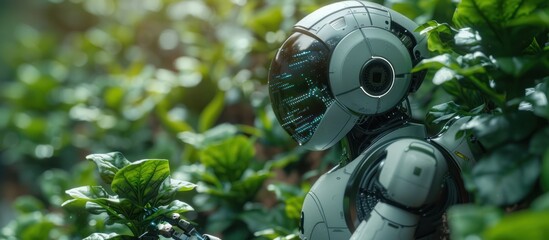 Agricultural robot assistant in modern greenhouse with hydroponic system. controlling agricultural plant cultivation technology