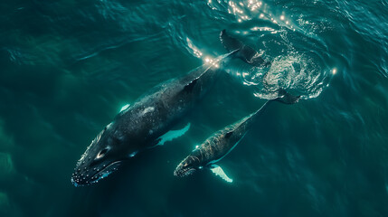 Fototapeta premium Twins Whale, The North Atlantic right whale is one of the most endangered large whale species. Humpback whale playfully swimming in clear blue ocean. Humpback.