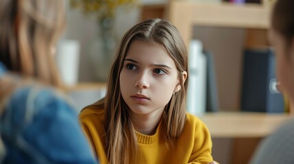 Fototapeta premium Teenager girl at session in psychologist's office. Psychologist support him and help cope with problems. Mental health concept