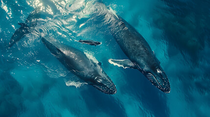 Fototapeta premium Twins Whale, The North Atlantic right whale is one of the most endangered large whale species. Humpback whale playfully swimming in clear blue ocean. Humpback.