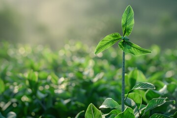 Obraz premium Wind mill with propelers made of green leaves standing in the field. Green energy, environmental protection, renewable, sustainable energy. Ai generative