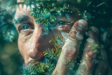 Man's Face Partially Obscured by Green Foliage in a Close-Up Shot