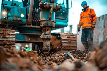 Fototapeta premium Construction Worker Operating Heavy Machinery on a Muddy Site