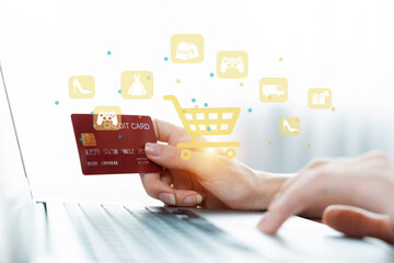 Customer open hologram graphic interface controlling device choosing online platform. Smart...
