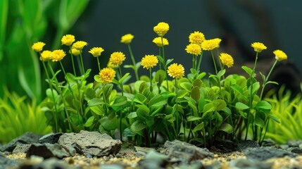 Plastic imitation Bellis perennis flowers with yellow blossoms and green foliage