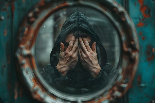 Man in Hoodie Covering Face Seen Through Circular Window