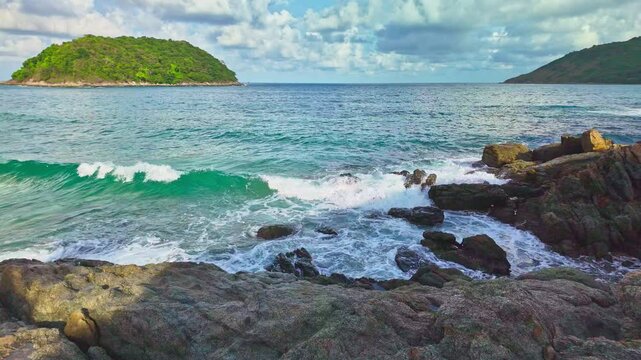 A white wave hits the rock in slow motion.
turquoise sea around Ya Nui beach.
Ya Nui beach is the good place for swimming snorkeling and sea canoe. Separated sea During low tide. white foam splashing