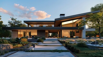 Fototapeta premium Suburban farmhouse with a modern twist, featuring geometric lines, a flat roof, and a minimalist approach to landscaping