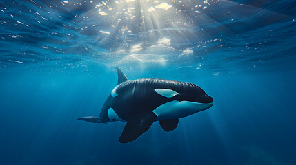 Naklejka premium Orca or killer whale traveling on pacific ocean off the east coast of the north island, The orca whale is the largest species in Delphinidae.