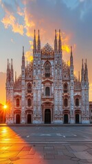 Fototapeta premium large cathedral with a clock tower in front of a sunset