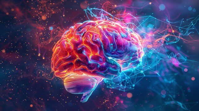 Human brain exploding with vibrant ideas, futuristic, neon colors, 3D rendering, holographic and AI-inspired visuals