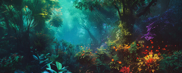 Obraz premium A lush, vibrant forest illuminated by sunlight filtering through the canopies