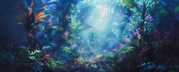 Magical enchanting tropical rainforest path at dusk