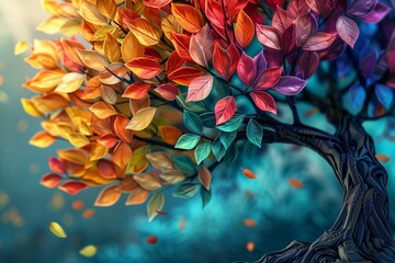 Floral tree with multicolor leaves 3d abstraction wallpaper