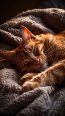 cat sleeping on a blanket on a bed