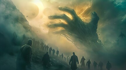 Massive supernatural hand reaching out from the sky towards a group of silhouetted people, symbolizing manipulation by higher powers