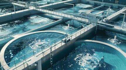 Modern urban wastewater treatment plant with advanced water recycling, purifying, and filtration systems ensuring safe drinking water.