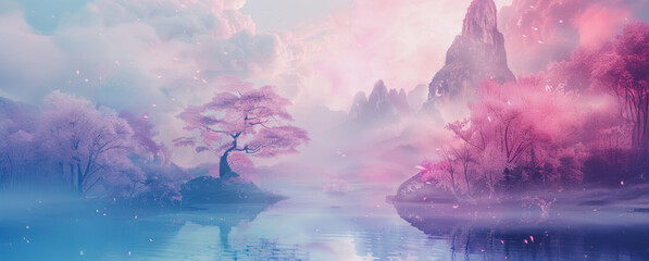 Fototapeta premium Misty morning landscape with pink blossoms and distant mountains