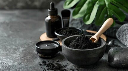 Activated charcoal and natural elements in beauty concept setting with empty space