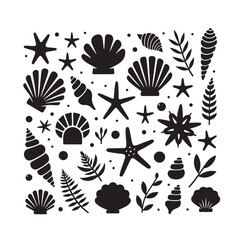 Set of different black sea shells and starfish vector illustration