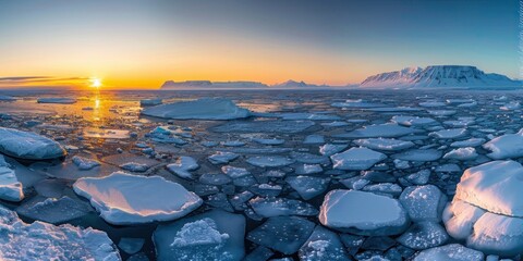 tundra with ice floes and a setting sun casting a warm glow, snow-covered terrain, and distant mountains on the horizon.
