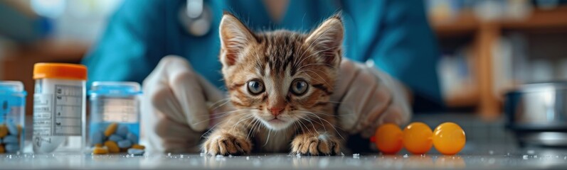 Small kitten sitting on a table with a doctor, Animal background