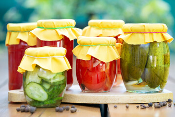 Homemade preserved fresh red peppers and cucumbers