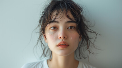 Minimalist portrait of a sad woman in light clothes against a white background, a tear on his cheek.

