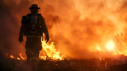 Naklejka premium Dramatic silhouette of American firefighter in forest fire