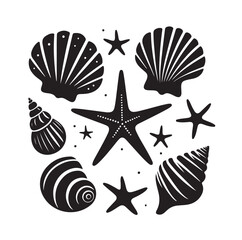 Set of different black sea shells and starfish vector illustration