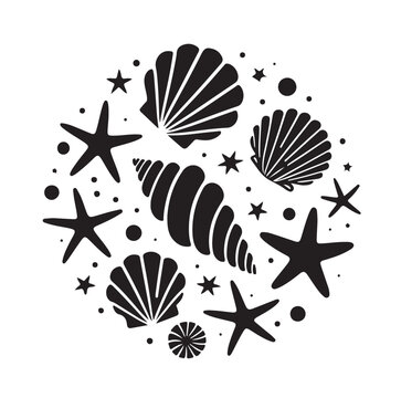 Set of different black sea shells and starfish vector illustration