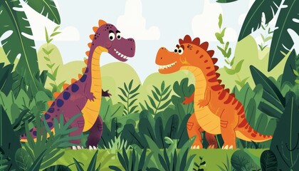 Playful Prehistoric Dinosaurs in Vibrant Jungle - Flat Design Animation with Cheerful Dino Characters in Side View