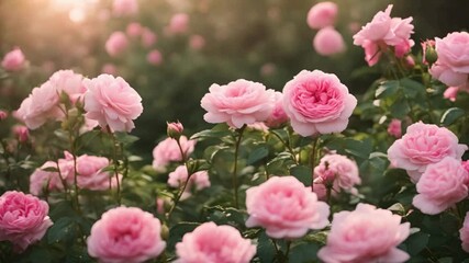 pink roses in the garden, Sunlit Pink Roses Blooming in a Lush Garden, Field of vibrant pink roses blooming under warm sunlight in a lush garden