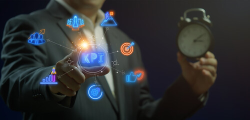 KPI Business analytics. Data analytics report. Key Performance Indicators on information dashboard for business strategy and business intelligence. Businessman showing KPI icons concept on virtual.