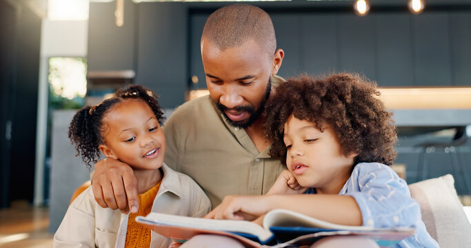 Man, children and reading with book in home, sofa and lounge for fantasy stories. Bonding, learning and educational study with single parent person, love and storytelling for childhood development