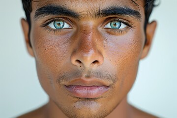Fototapeta premium Detailed close-up portrait of a young man with striking blue eyes and a calm expression, highlighting his facial features and youthful look. 